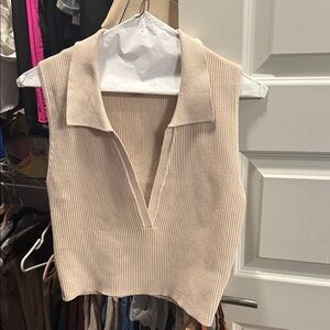 Beige Sleeveless Collared Knit Top